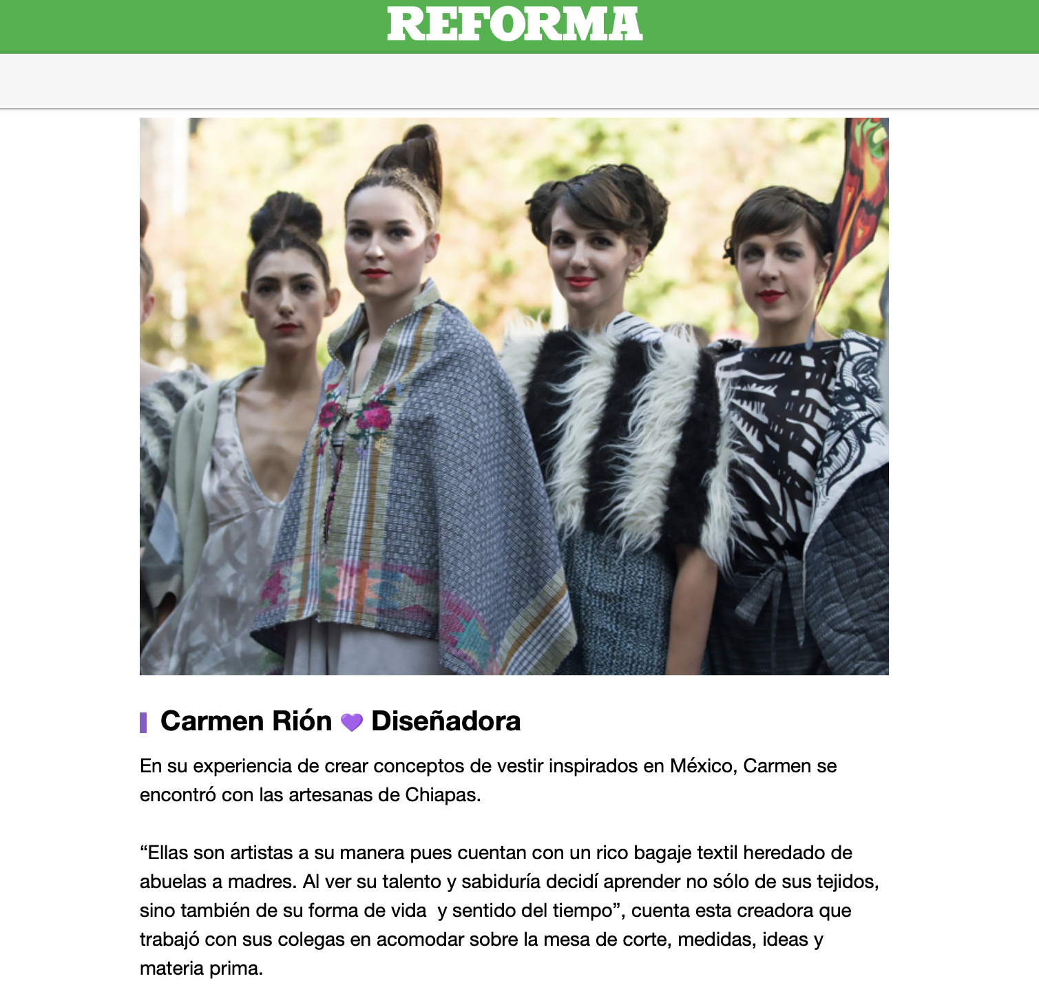 En su experiencia de crear conceptos de vestir inspirados en México, Carmen se encontró con las artesanas de Chiapas.  - REFORMA MODA