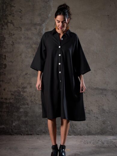 VESTIDO CAMISERO LANA NEGRO LISO